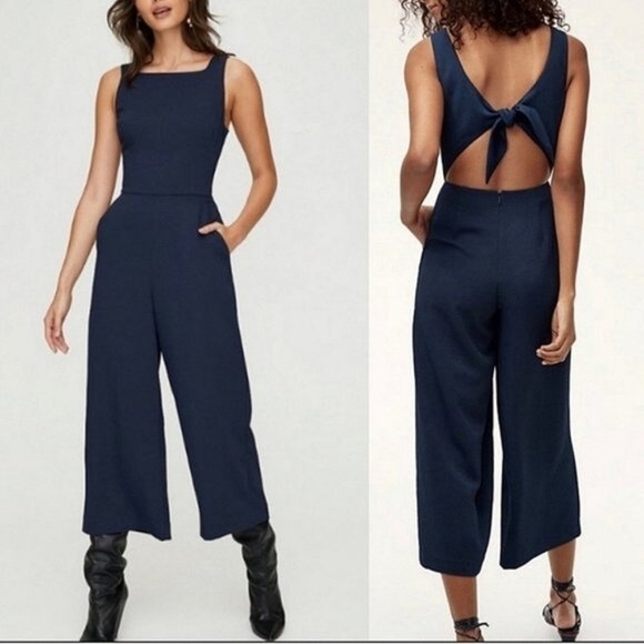 WILFRED Ecoulement Jumpsuit Wide Leg Square Neck Navy Blue 0 Aritzia - Picture 1 of 10